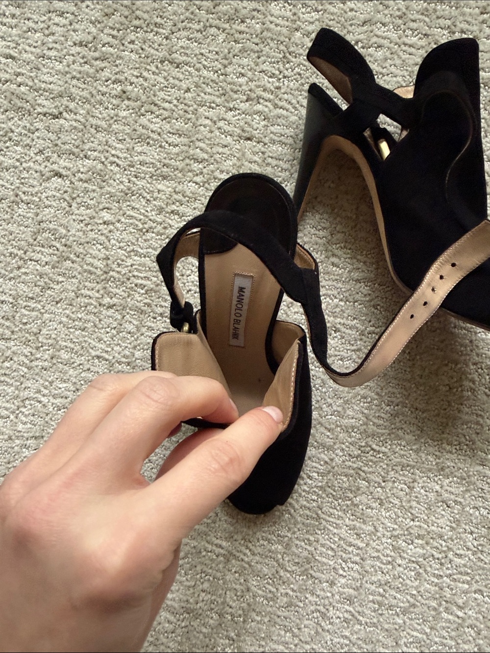 Manolo Blahnik Black Suede Peep-Toe Slingback Heels - Picture 2 of 6